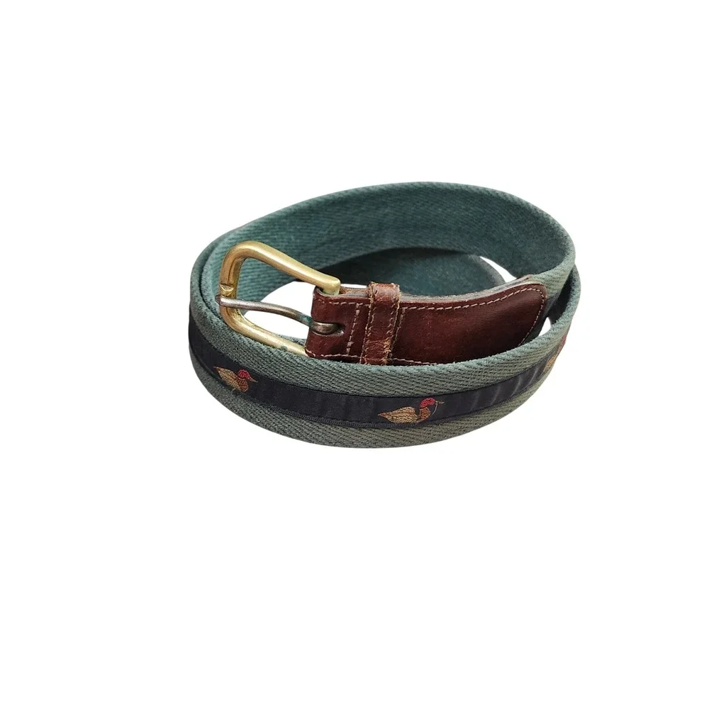 Ducks Outdoor Mens Woven Hunter Green Ribbon Belt Mallard Duck Leather USA 38